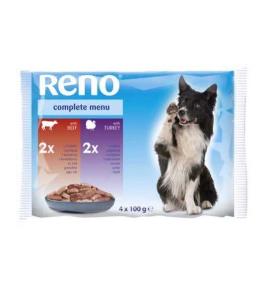 Reno Pouches Adults Dogs Food With Beef &amp; Turkey 100G *4 Pcs