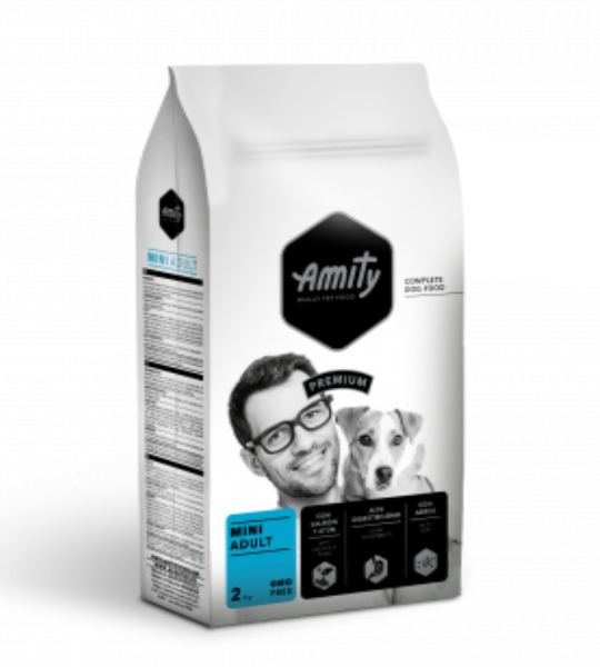 Amity pet food packaging on a white background